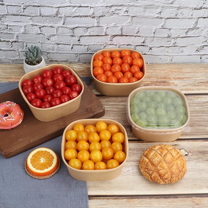 25 oz Disposable Kraft paper bowls with lids, Food containers Soup Bowls Party Supplies Treat Bowls 50 Pack
