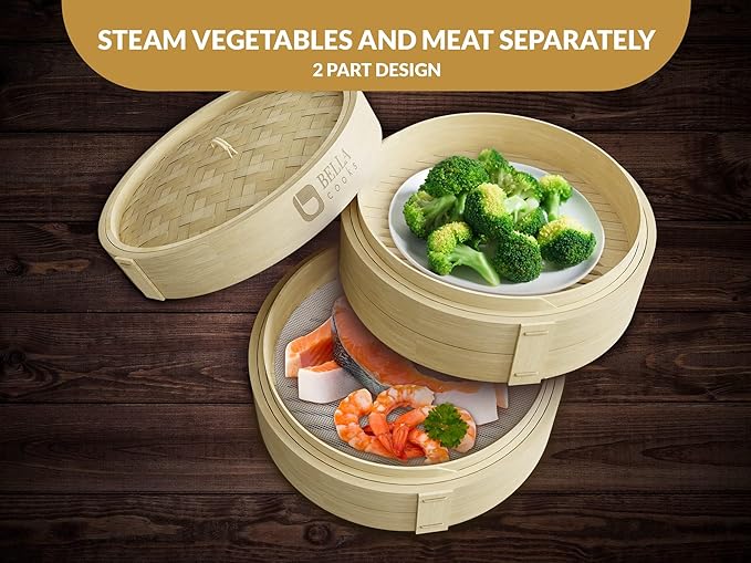 Bamboo Steamer 11-inch 2 Tier Dumpling Steamer Basket with Lid & 4 Chopsticks, Reusable Silicone Liners,Ring Adapter, Bun, Dim Sum, Rice Potsticker Steaming Chinese Asian Food & Vegetables, Fish, Meat.