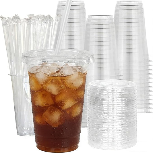 20 oz 100 Pack Disposable Clear Plastic Cups with Lids and Straws, Food Safe Bulk Iced Coffee Cups for Smoothies, Milkshakes and Other Cold Drinks
