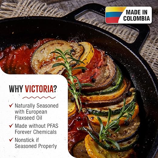 Victoria Cast Iron Round Skillet with Double Loop Handles, Made in Colombia, 10 Inches