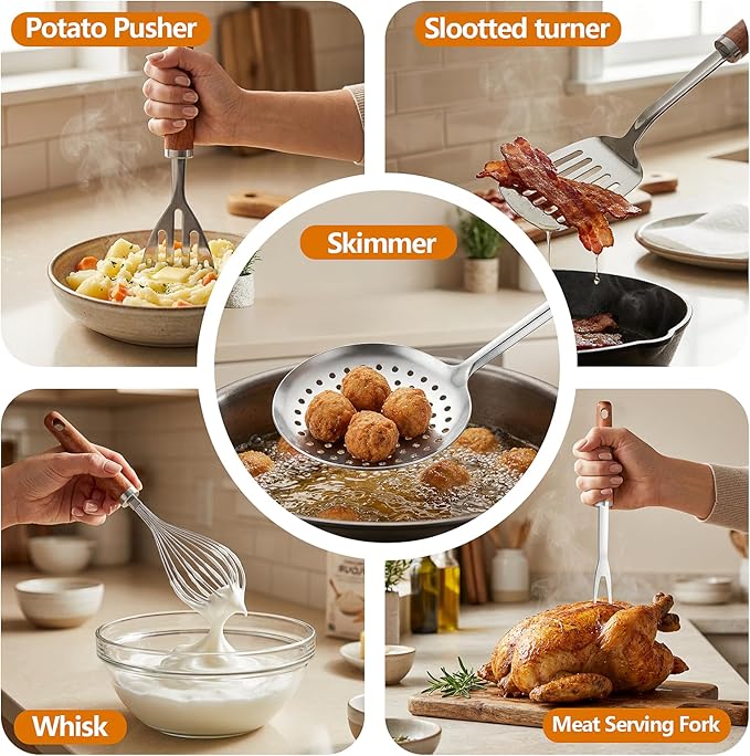 9PCS Cooking Utensils Set, 18/10 Stainless Steel Kitchen Utensils with Wooden Hanlde, Metal Cooking Utensils Set, Spatula, Ladle, Skimmer, Spaghetti Spoon, Potato Masher, Easy To Clean