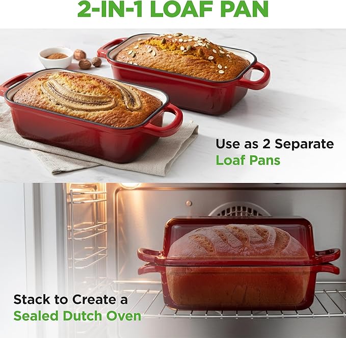 NutriChef 9x5" Enameled Cast Iron Loaf Pan with Lid, Enamel-Coated Baking Loaf Pan for Sourdough, Oven Safe, Nonstick Bread Pan with Silicon Gloves, Dishwasher Safe, Red