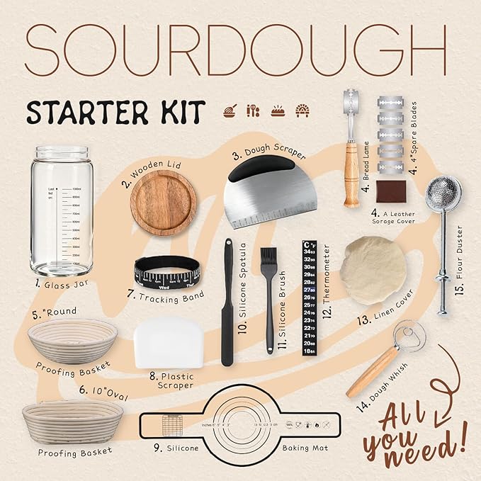 Sourdough Starter Kit,40oz Sourdough Starter Jar with Wooden Lid,2 Banneton Bread Proofing Baskets (9”Round & 10”Oval),Bread Making Supplies Tools,Sourdough Bread Baking Supplies,for Baking Beginners