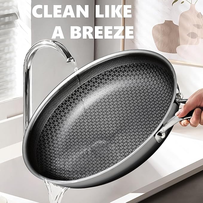 Non Stick Frying Pans 12 inch, Hybrid Improved Version Frying Pans Nonstick with Lid,non stick Stainless Steel Skillets, Dishwasher and Oven-Safe Chef Pan, PFOA Free Cookware