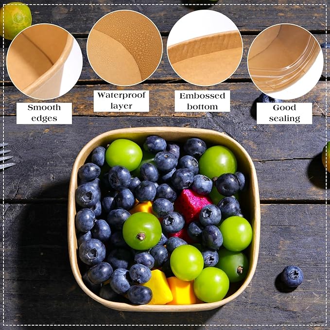 40 Pack 17 oz Paper Bowls, Disposable Food Containers with Lids, Square Disposable Bowls, Disposable Salad Bowls with Lids for Diet Salad, Ice Cream, Yogurt, Party Food