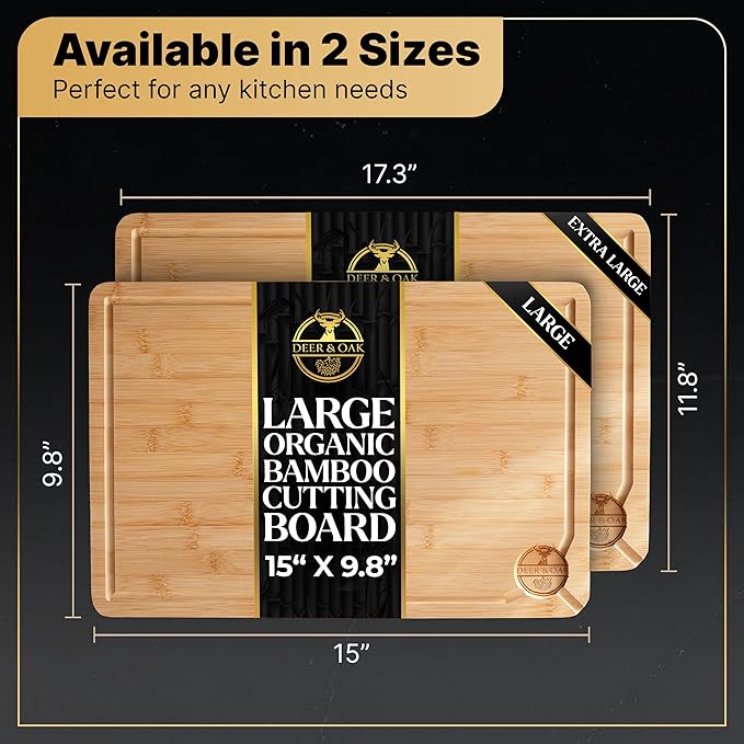 Deer & Oak Large Bamboo Chopping Board 38 x 25 x 2cm, Premium Wooden Kitchen Cutting Board for Meat & Vegetables, Pre-Oiled, Water Resistant, Knife-Friendly