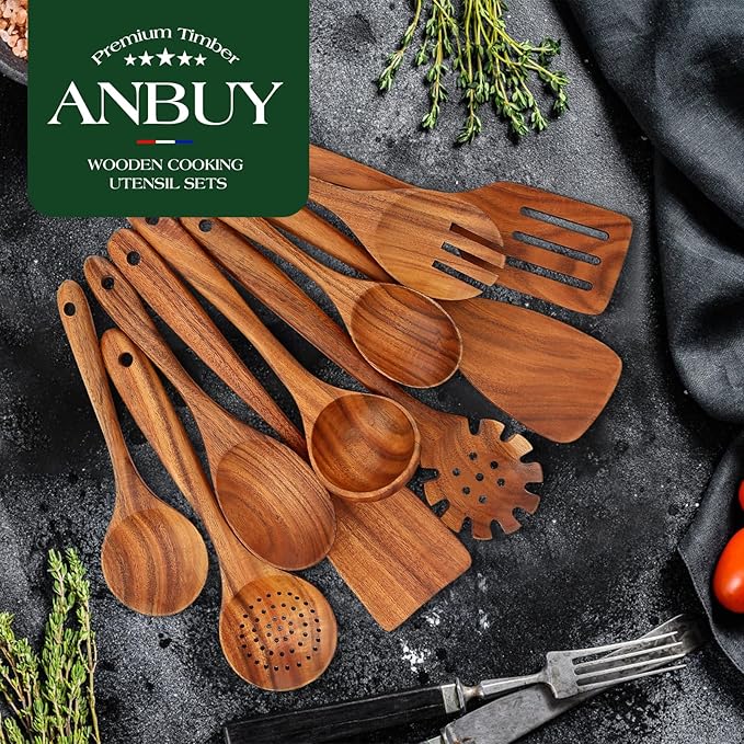 Teak Wooden Kitchen Utensil Set - Non-Toxic Wood Cooking Utensils, Wood Utensils, Wooden Utensil Set (10PCS), Heat-Resistant for Home Kitchen