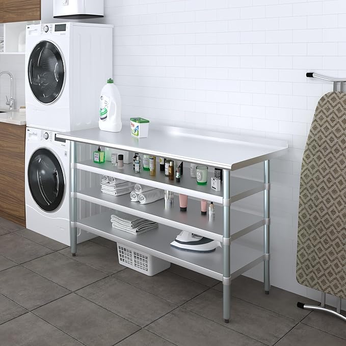AmGood Stainless Steel Work Table with 1.5" Backsplash and 3 Shelves | Metal Kitchen Food Prep Table | NSF (60" Long x 24" Deep)