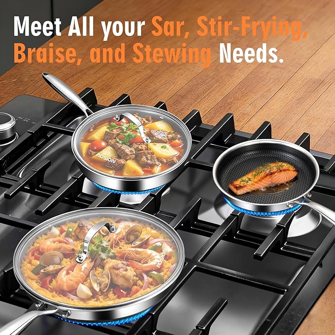 AOSION Nonstick Frying Pans Set,Hybrid Skillets Set with Lid(8+10+9+12inch), Hybrid Stainless Steel Frying Pans Set of 3 for Cooking,PFAS/PFOA Free Cookware Sets,Induction Compatible.