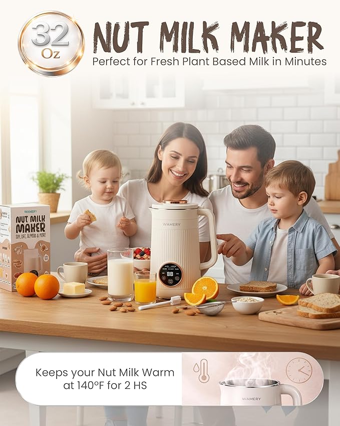 Wamery 32oz Nut Milk Maker Machine - Plant‑Based Milk Maker for Almond, Oat & Soy, Automatic Heated Programs, Self‑Cleaning, Delay Start, Keep Warm & Boil Water, 1‑Liter Capacity with Starter Kit