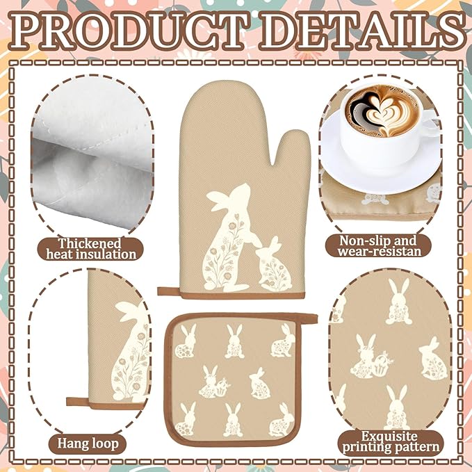 10 Pcs Easter Kitchen Decor Set Easter Kitchen Towels Oven Mitts and Pot Holder Spring Bunny Eggs Flowers Rugs and Mats Brown Rabbit Gloves Potholders for Farmhouse Rustic Baking Cooking BBQ