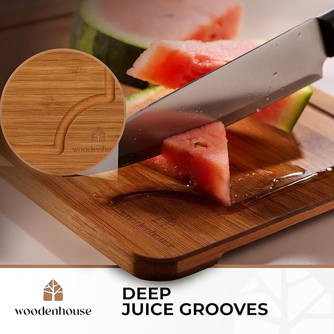 Bamboo Cutting Board Set of 3 with Holder – Durable Wooden Boards for Kitchen, Chopping & Serving – Eco-Friendly by Woodenhouse