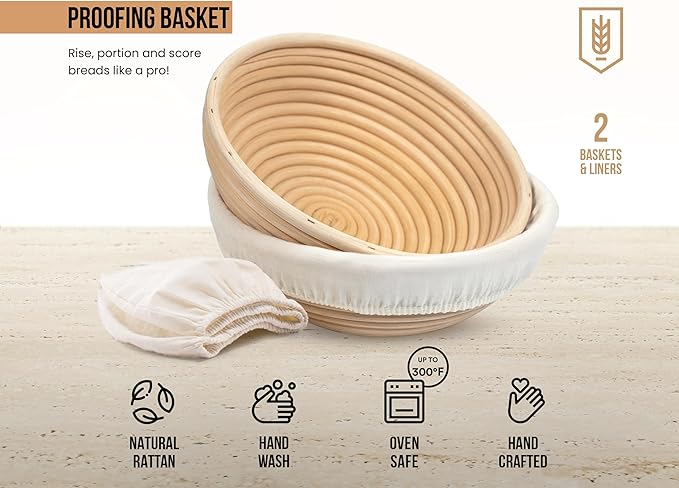 Kook Banneton Bread Proofing Baskets, Artisan Sourdough Bread Making Baskets, 9 Inch Handwoven Rattan Baskets and Cloth Liners, Set of 2, Round