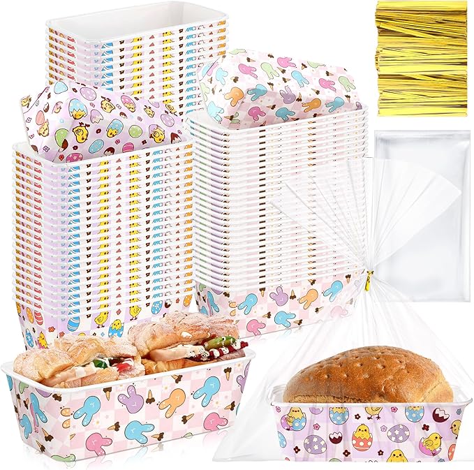Honeydak 100 Sets Easter Paper Baking Pans Bulk Paper Loaf Pans for Baking 6.3 x 2.2 x 2.2 in Spring Disposable Serving Tray Bunny Chick Egg Patterns Party Supplies (Easter)