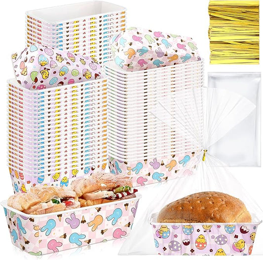 Honeydak 100 Sets Easter Paper Baking Pans Bulk Paper Loaf Pans for Baking 6.3 x 2.2 x 2.2 in Spring Disposable Serving Tray Bunny Chick Egg Patterns Party Supplies (Easter)