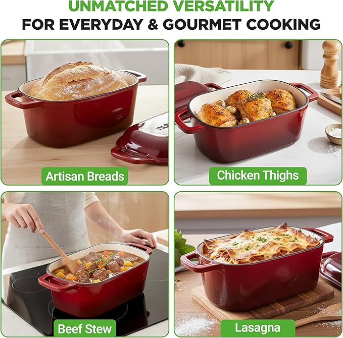 NutriChef 10" Enameled Cast Iron Bread Pan with Lid, Oval Loaf Dutch Oven with Silicone Gloves, Oven-Safe to 500°F, for Baking, Roasting, Stewing & More, Dishwasher Safe (Red)