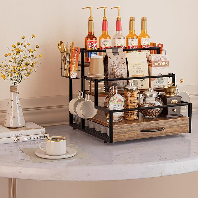 Countertop Coffee Syrup Rack Organizer, 4-Tier Wooden Holder Stand with 36 K Cup Storage Drawer for Coffee Bar Accessories,Condiment Storage Shelves for Kitchen,Home,Office,Restaurant