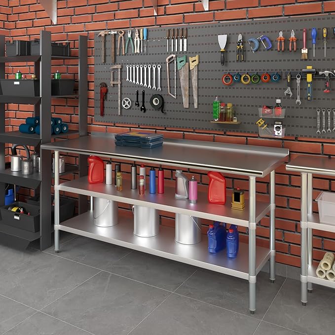 AmGood Stainless Steel Work Table with 1.5" Backsplash and 2 Shelves | Metal Kitchen Food Prep Table | NSF (72" Long x 24" Deep)