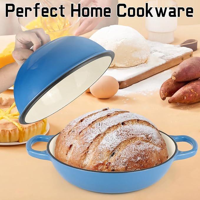 Enameled Cast Iron Bread Oven, Dutch Oven Pot with Lid, 10" Bread Dutch Oven for Sourdough Bread Baking, 6 Quarts Bread Pan with Dome Lid, Non-stick Cookware for Homemade Bread, Blue