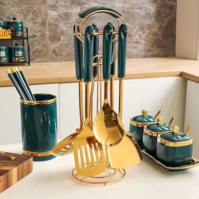 Gold Kitchen Utensils,7 Pieces Cooking Utensils Set,Kitchen Tools Set With Utensil Holder, Gold Kitchen Accessories, Dishwasher Safe, Easy To Clean (Green)