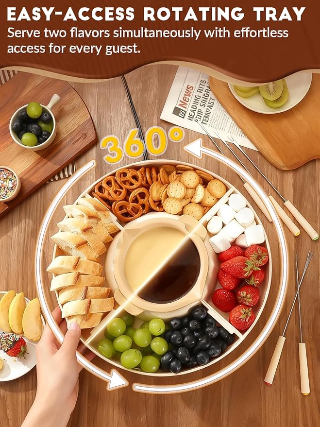 Chocolate Fondue Pot Set Electric Melting Machine, 4-Cup Capacity 4 Trays 5 Forks 1 Spatula Cheese Warmer, Ideal Gift for Couple Family & Date Night Idea House Warming Holidays Essentials