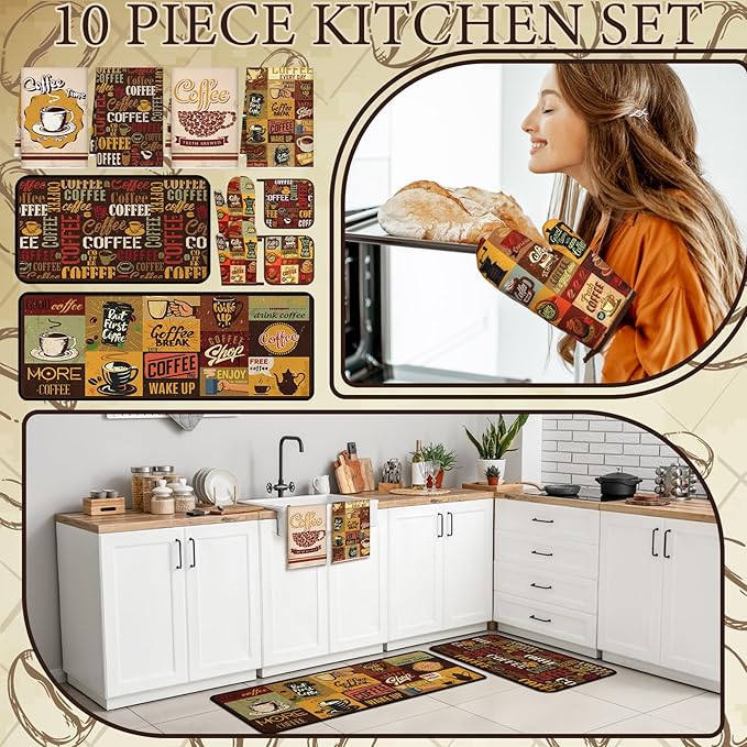 10 Pcs Coffee Kitchen Decor and Accessories Coffee Oven Mitts and Pot Holders Set Dish Towels Farmhouse Kitchen Decor Retro Brown Gloves for Chef Baking Cooking Grilling BBQ Women Gift