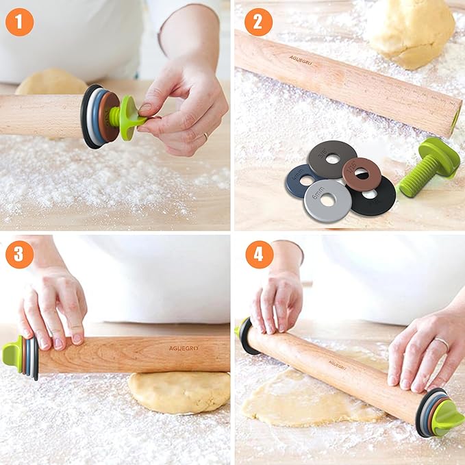 Rolling Pin with Adjustable Thickness Rings and Pastry Baking Mat Dough Thickness for Baking, Fondant, Pizza, Pie, Cookies, Pastries, 13.6" with 4 Multi-Color Thickness Rings and Wooden Stand