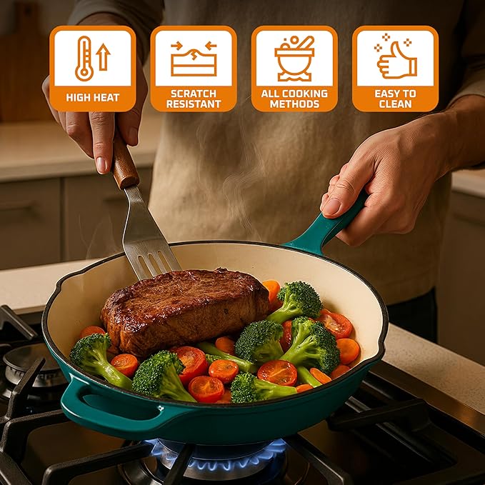 Bruntmor Cast Iron Pan - 10x16-Inch Round Skillet with Pour Spout - Frying Pan Compatible with Stovetops, Ovens, and Grills -Pre-Seasoned Non-Stick Surface Kitchen Tool and Cookware for Frying - Teal