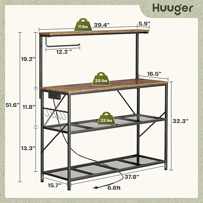 Huuger 4-Tier Bakers Rack with Reversible Power Outlet, 39.4 Inch Microwave Stand, Kitchen Coffee Bar, with Top Shelf, 6 S Hooks, Rustic Brown