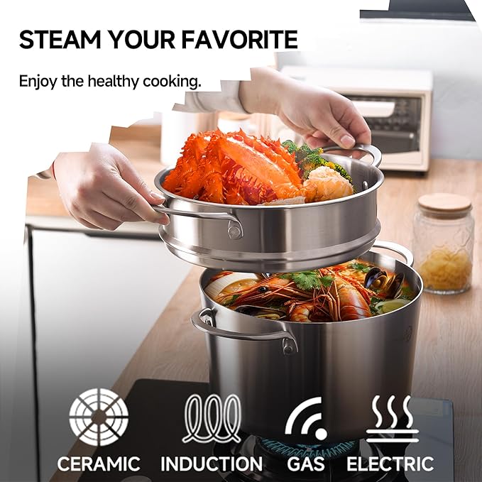 LOLYKITCH Tri-ply Stainless Steel 5 QT Stock Pot with Steamer,Induction Cooking Pot,Pots and Pans,Heavy Duty,Dishwasher and Oven Safe.