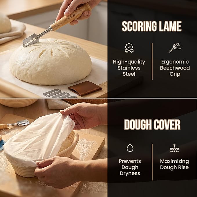 Kook Banneton Bread Proofing Set, Artisan Sourdough Bread Making Kit with Round & Oval Rattan Baskets, Liners, Dough Scrapers, Scoring Lame + Blades, Brush & Dough Cover (Set of 2)