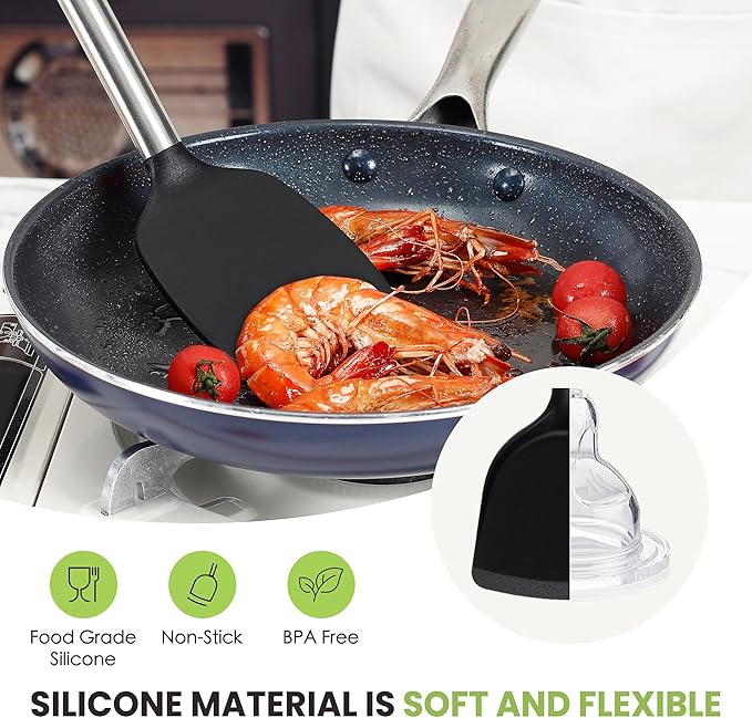 Large Cooking Utensils Set, 35 Pcs Silicone Kitchen Utensils Set with Holder, Stainless Steel Handle Spatula Set, Heat Resistant Food Grade Silicone Kitchen Gadgets for Non-stick Cookware (Black)