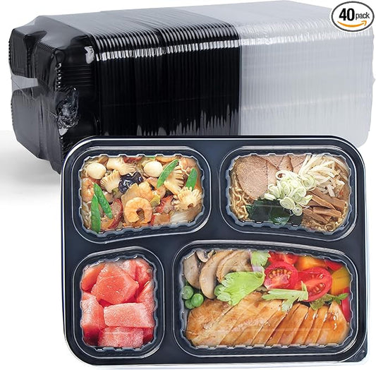 To Go Containers 34 oz 40 Pack - Shrink Wrap 4 Compartment BPA Free PP Plastic Reusable Leakproof | Microwave & Freezer & dishwasher Safe Meal Prep | Black Commercial Catering Food Container