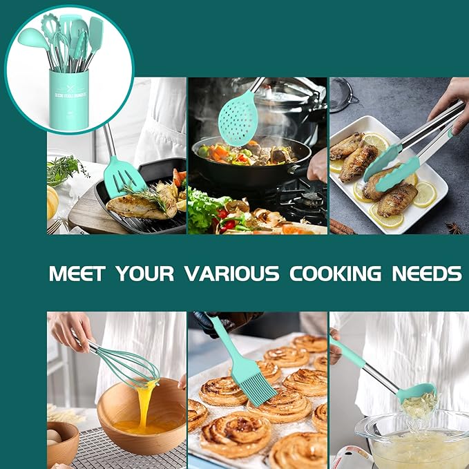Silicone Cooking Utensil Set, Umite Chef 15pcs Silicone Cooking Kitchen Utensils Set, Non-stick - Best Kitchen Cookware with Stainless Steel Handle - Green