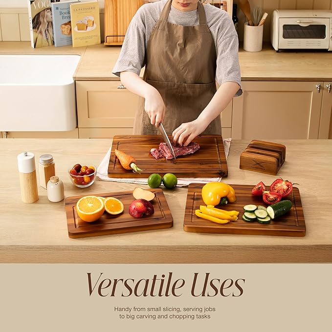 Acacia Wood Cutting Board Set of 3 with Stand - (16x12 / 14x10 / 12x8) Thick Wooden Chopping Boards with Deep Juice Grooves, Non-Slip & Durable Wooden Boards for Meat & Vegetables - Natural