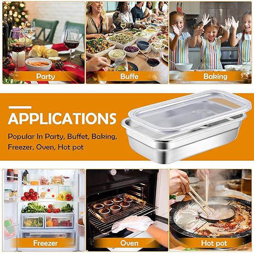 8 Pcs 304 Stainless Steel Food Storage Containers with Lid Hotel Pans for Kitchen Home Catering Food Prep Restaurant Buffet Hotel(2.5 Inch Deep)