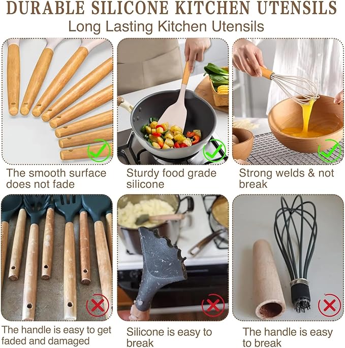 33-Piece Silicone Kitchen Cooking Utensils Set with Large Holder | Food Grade- Heat-Resistant,Non-Stick Cooking Utensils with Wooden Handles | BPA-Free Kitchen Tools for Nonstick Cookware for Gifting
