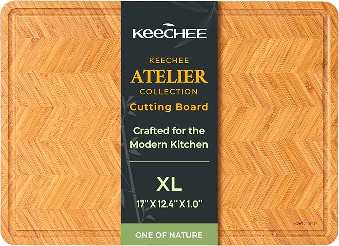 Atelier Collection Bamboo Cutting Board, Reversible Wood Chopping Boards for Kitchen with Juice Grooves, Handcrafted Large Serving Tray, Luxury Housewarming Wedding Gifts for New Home