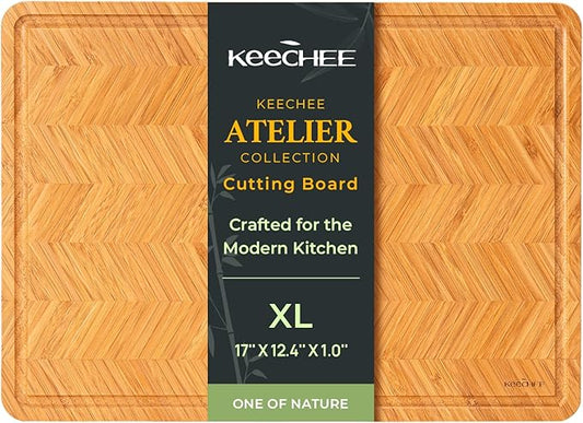 Atelier Collection Bamboo Cutting Board, Reversible Wood Chopping Boards for Kitchen with Juice Grooves, Handcrafted Large Serving Tray, Luxury Housewarming Wedding Gifts for New Home