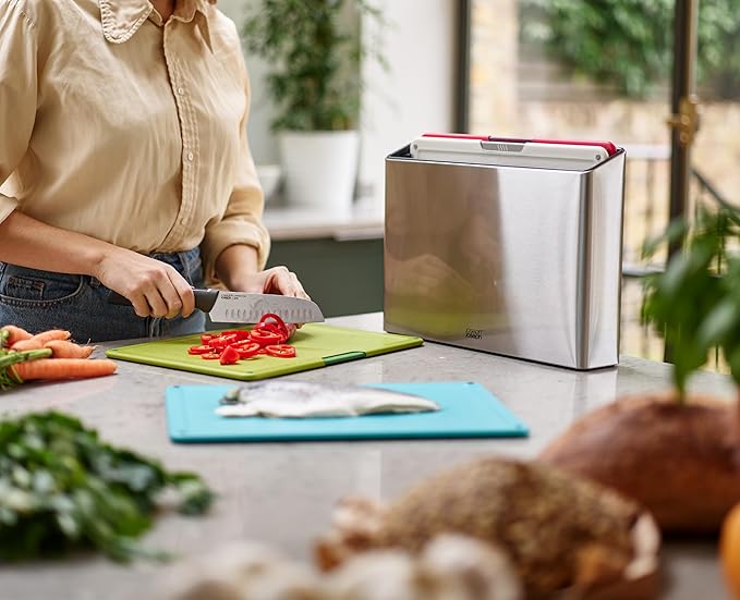 Joseph Joseph Folio Icon 4-Piece Multi Colour coded Cutting Board Set, Stainless Steel Slimline case for organized Kitchen storage, Silver