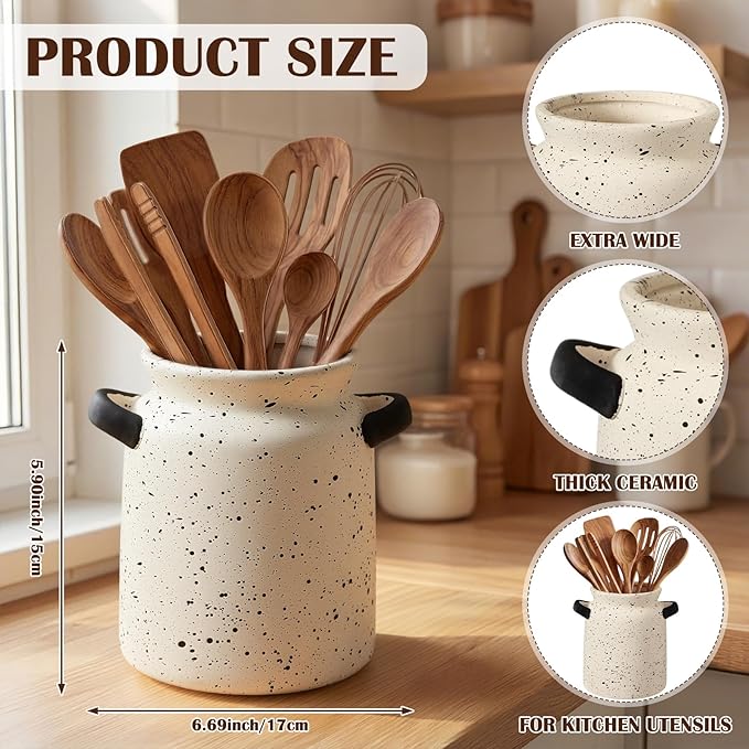 Qinyoung Rustic Kitchen Utensil Holder 6 Inch Small Ceramic Utensil Holder with Handle Vintage Crock Decoration Spatula Organizer for Kitchen Countertop Farmhouse Party Supplies(Beige,Speckled)