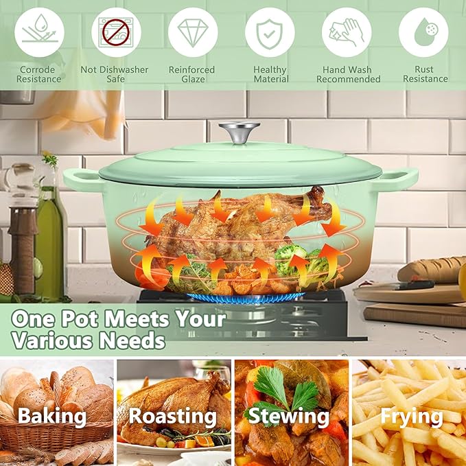 TeamFar 7QT Oval Dutch Oven, Enameled Cast Iron Dutch Oven Pot with Lid, For Bread Baking/Stewing/Braising/Frying, Suitable for Various Stoves, Non-stick & Easy Clean, Pistachio Green
