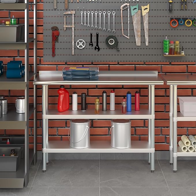 AmGood Stainless Steel Work Table with 1.5" Backsplash and 2 Shelves | Metal Kitchen Food Prep Table | NSF (48" Long x 14" Deep)