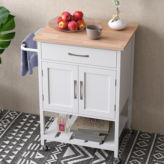 Giantex Rolling Kitchen Island Cart, Mobile Serving Cart with Drawer, 2-Door Storage Cabinet, Storage Shelf, Towel Rack, Food Prep Utility Cart on Wheels for Dining Room, Living Room (White)