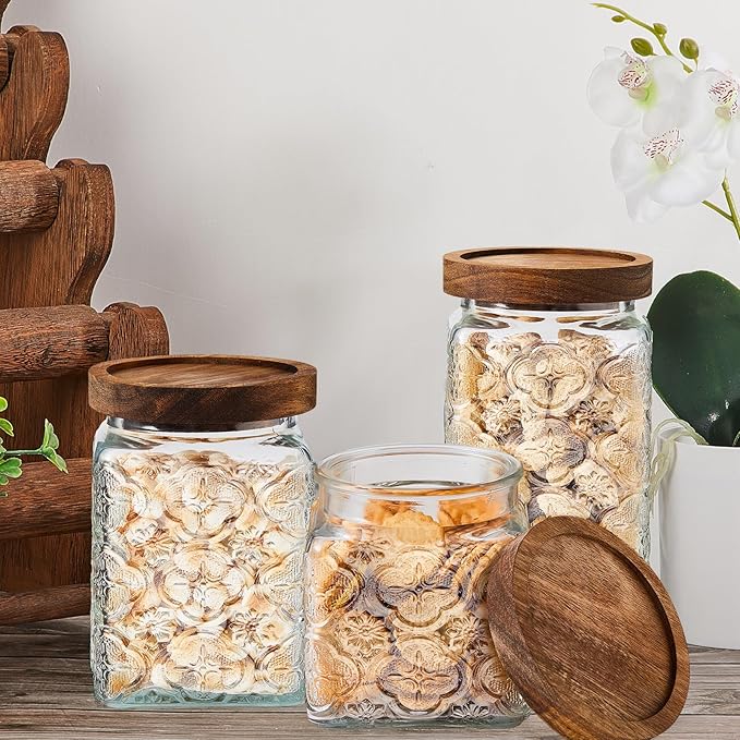 Gerrii 5 Pcs Begonia Pattern Square Vintage Glass Food Storage Containers 17/24/34 oz Glass Jar with Lid Airtight Candy Jar Food Canisters for Kitchen Counter Pantry Coffee Tea Beans