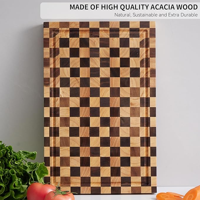 Acacia Wood Cutting Board (17x11x1.2'') Inch, Butcher Block for Kitchen, Premium Acacia Cutting Board with Juice Groove, End Grain Made of Sustainable Acacia Wood