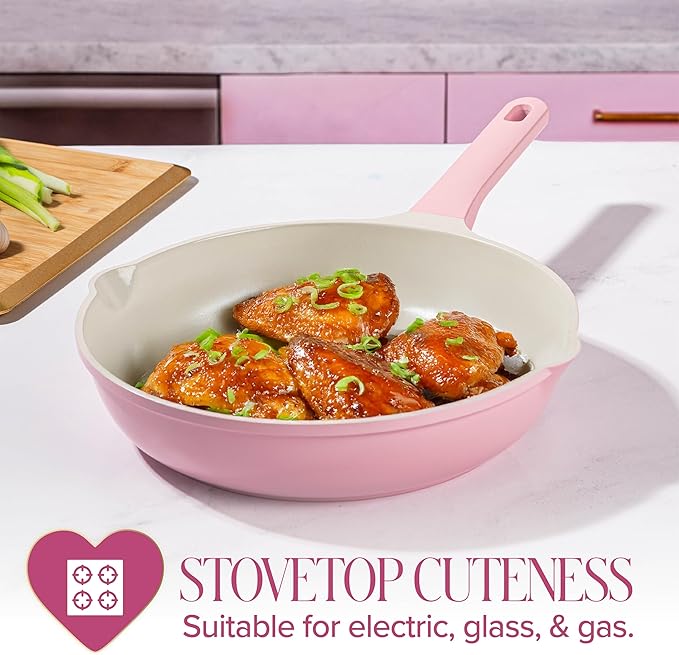 Paris Hilton Ceramic Cast Aluminum Nonstick Fry Pan, Fast & Even Heating with Easy Pour Spouts & Comfort-Grip Handle, 11-Inch, Pink
