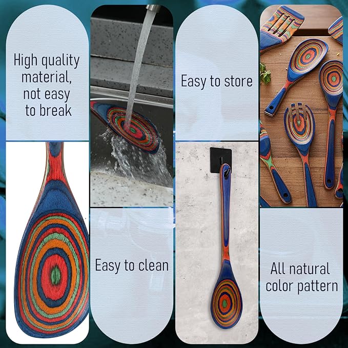 10 Pcs Pakkawood Kitchen Utensils Set Blue Rainbow Pakkawood Wooden Spoons for Cooking with Spatula, Slotted Turner, Rice Paddle Long Handle Non Stick Utensils Set for Household Women Gifts