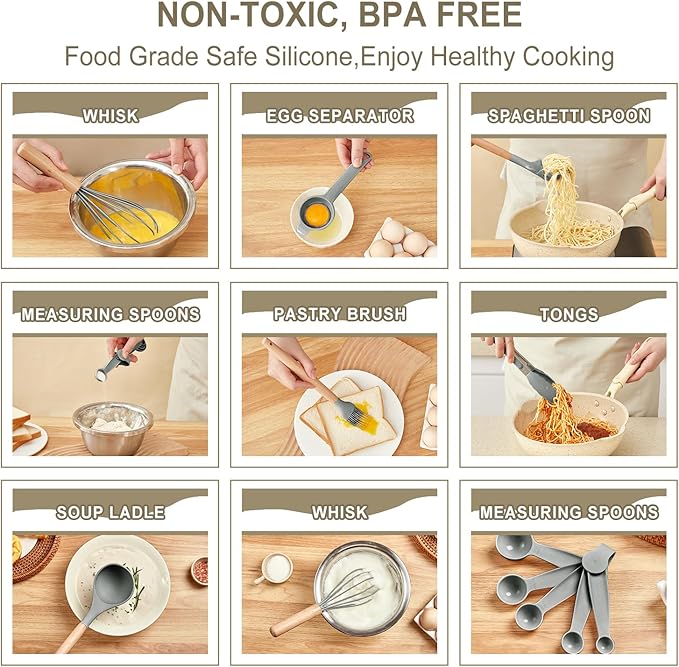 Kitchen Utensils Set - 34 PCS Non-Stick Silicone Cooking Utensils Set Spatula Set with Holder, Wooden Handle Spoon,Brush,Whisk Kitchen Gadgets Tools Set for Nonstick Cookware (Gray-34P)
