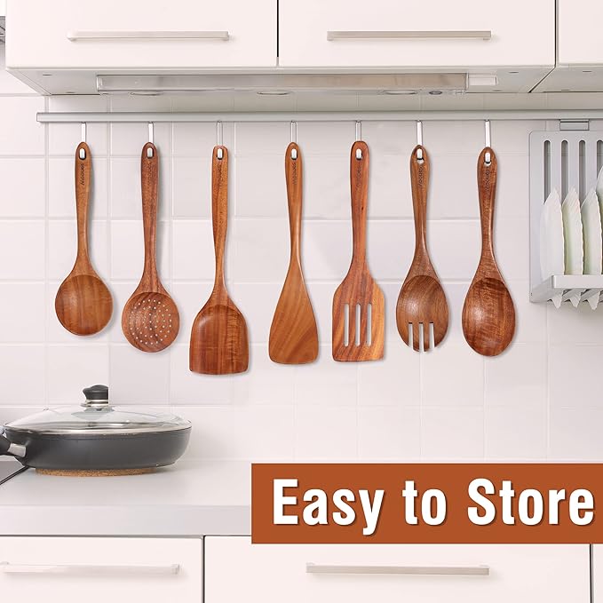 Wooden Spoons for Cooking, Wooden Utensils for Cooking Natural Teak Wooden Kitchen Utensils Set Comfort Grip(9 PCS SET GIFT BOX)